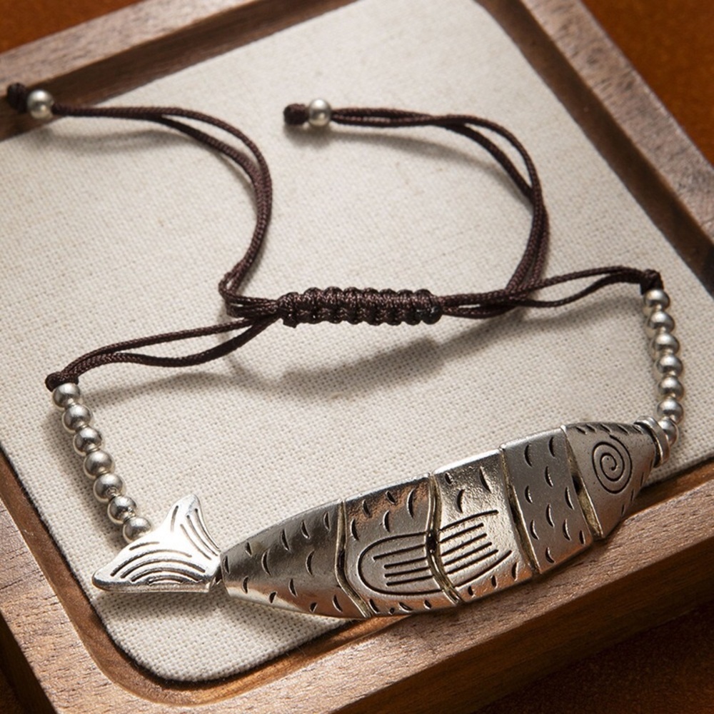 Artisan Silver Fish Pendant Bracelet — Brown Cord